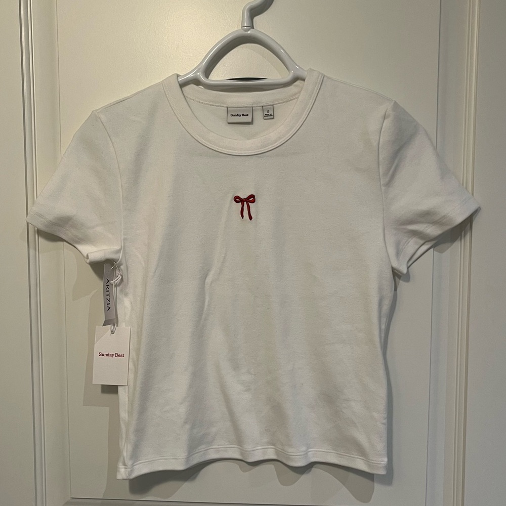 Sunday Best White Short Sleeve Tee with Red Bow Embroidery
